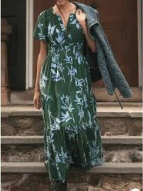 Anthropologie Forest Green Corduroy Maxi Dress with Light Blue Floral Print